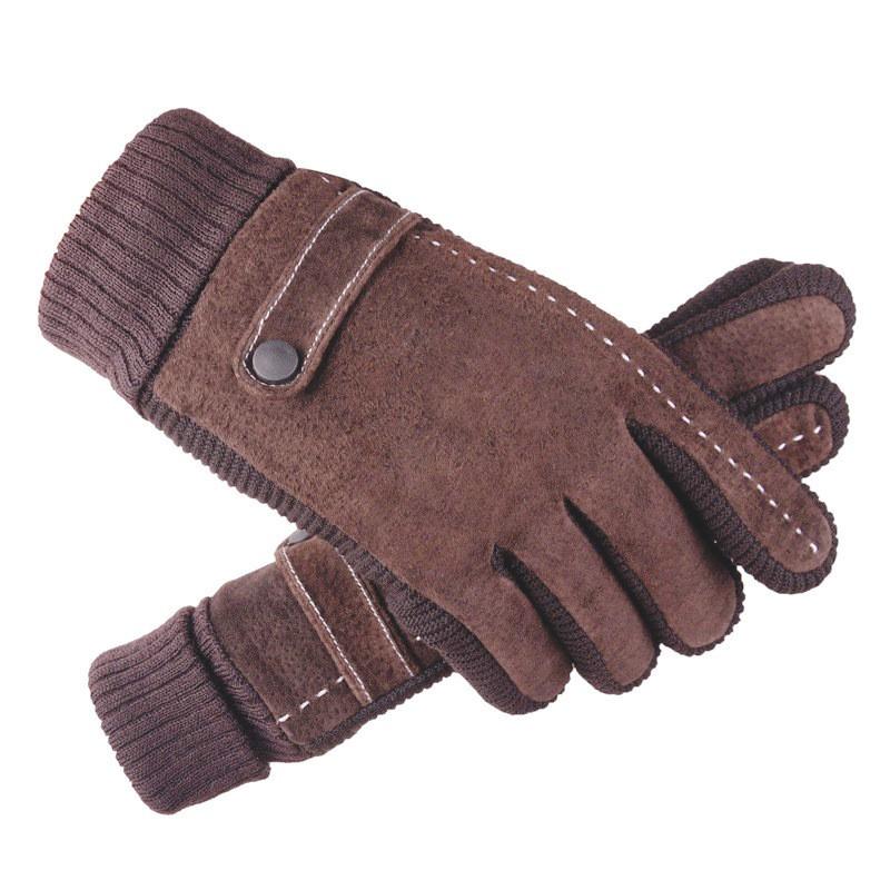 Mens Winter Thickened Fleece-Lined Pigskin Motorcycle Riding Gloves Touchscreen Compatible Outdoor Warm