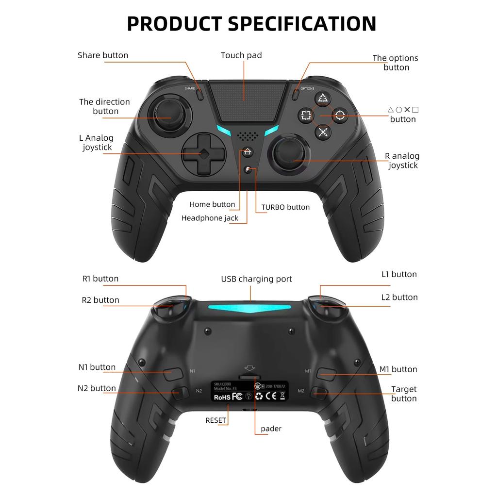 Wireless Controller Dual Vibration Bluetooth Gamepad with Programmable Turbo Function for PS4 Console PC Joystick