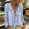 Women's Color V-Neck Ruffle Tie Long Sleeve Blouse Loose Fit Casual Top for Everyday Wear