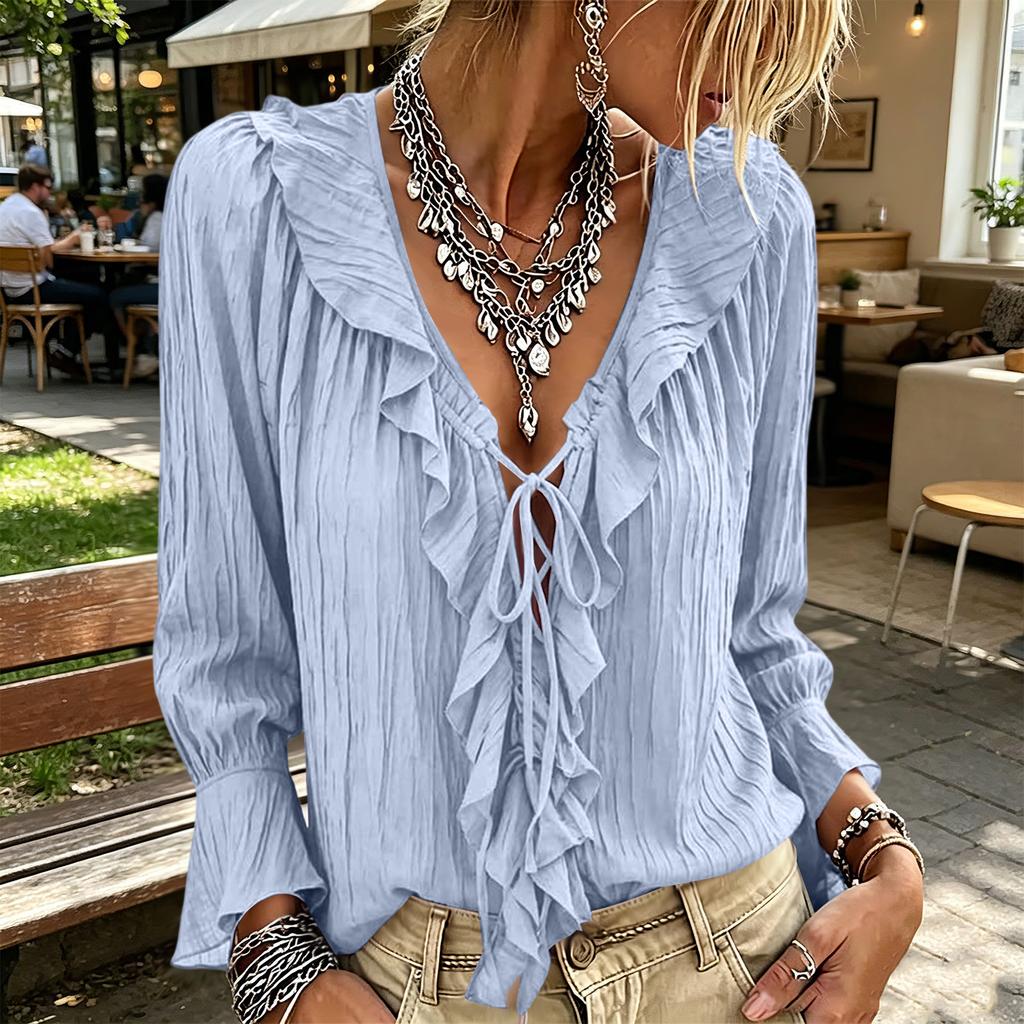 Women's Color V-Neck Ruffle Tie Long Sleeve Blouse Loose Fit Casual Top for Everyday Wear