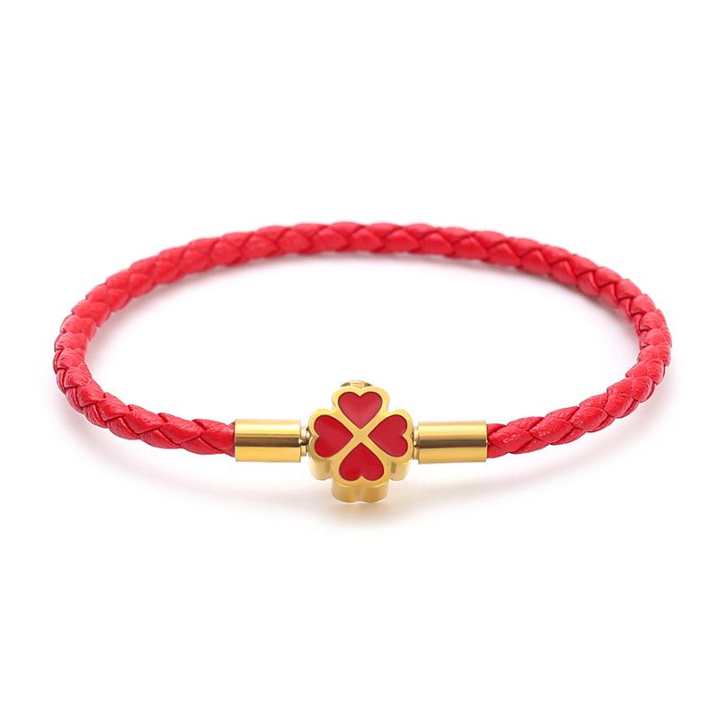 Vierblättriges Kleeblatt Lederarmband mit Goldperle und Stahlseil – DIY Schmuckzubehör 20cm red
