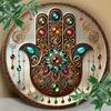 Vintage Round Tin Sign Ornate Hamsa Hand with Gemstones Boho Mystical Protection Wall Art Decor For Home Living Room Bedroom