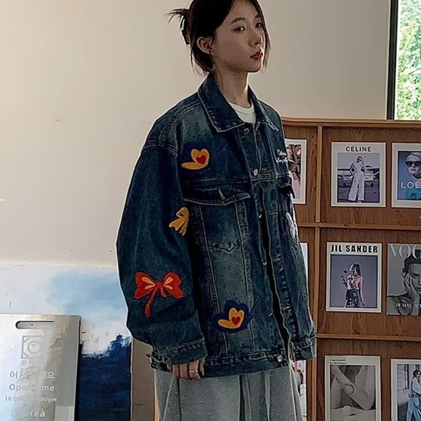 Trendy Unisex Butterfly Washed Denim Jacket - Spring/Autumn Casual Loose Fit