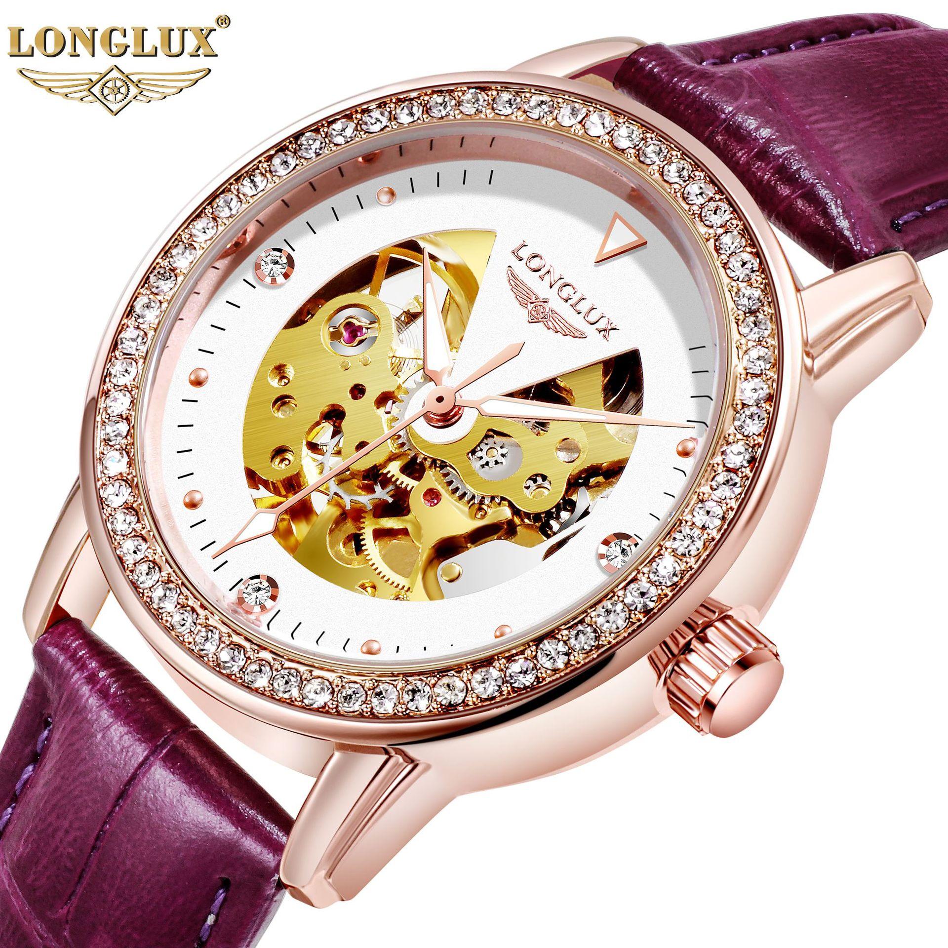 

Часы LONGLUX Skeleton Automatic Mechanical Leather Waterproof с бриллиантами