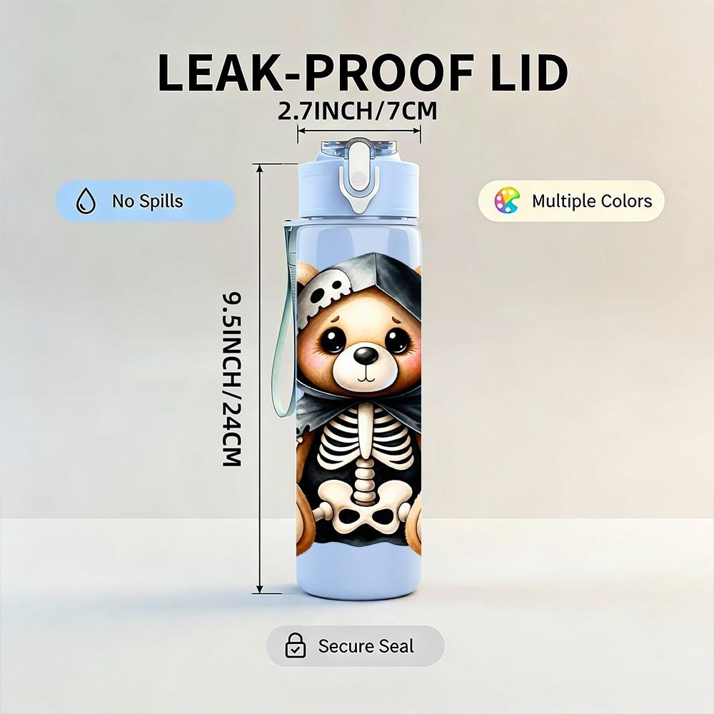 1PC Skeleton Bear Wearing Hood 750ml Color Plastic Sports Water Bottle Leakproof Flip Straw Lid Suitable for Sports Office Home Use