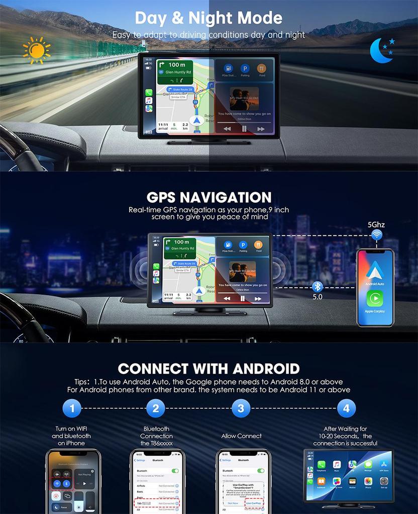 9" Wireless CarPlay Navigation Screen with Bluetooth & HD Reversing Camera