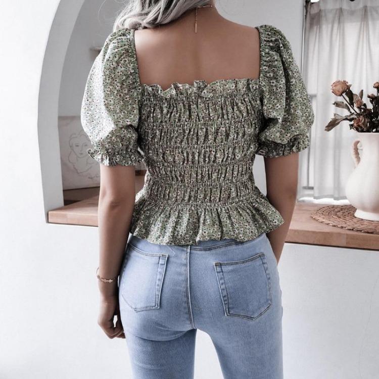 Chic bluse med blomsterprint for kvinner Vår Sommer Firkantet krage Korte lanternermer Kappehem Slank midje Chiffontopp Enkel S-XL