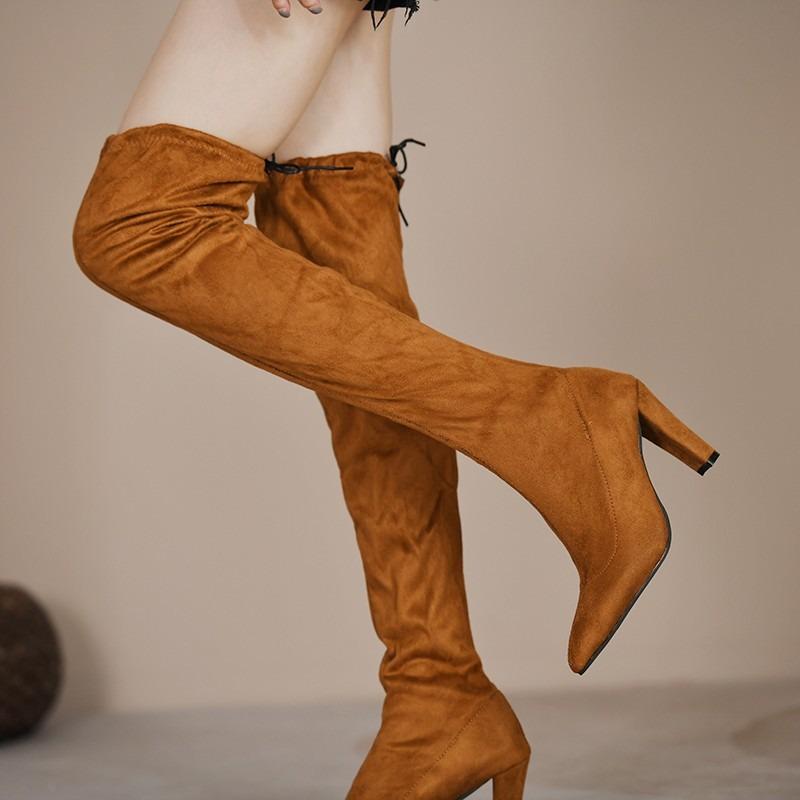 Autumn and winter new large-size women's shoes elastic over-the-knee boots high tube pointed thick heel heightening shoes women