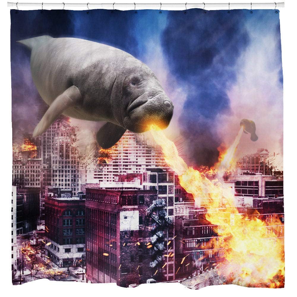 Cool Cat Shower Curtain Set Man Cave Bathroom Decor Awesome Hero Unicorn Shooting Fire Blue Polyester Fabric 12 Hooks Included