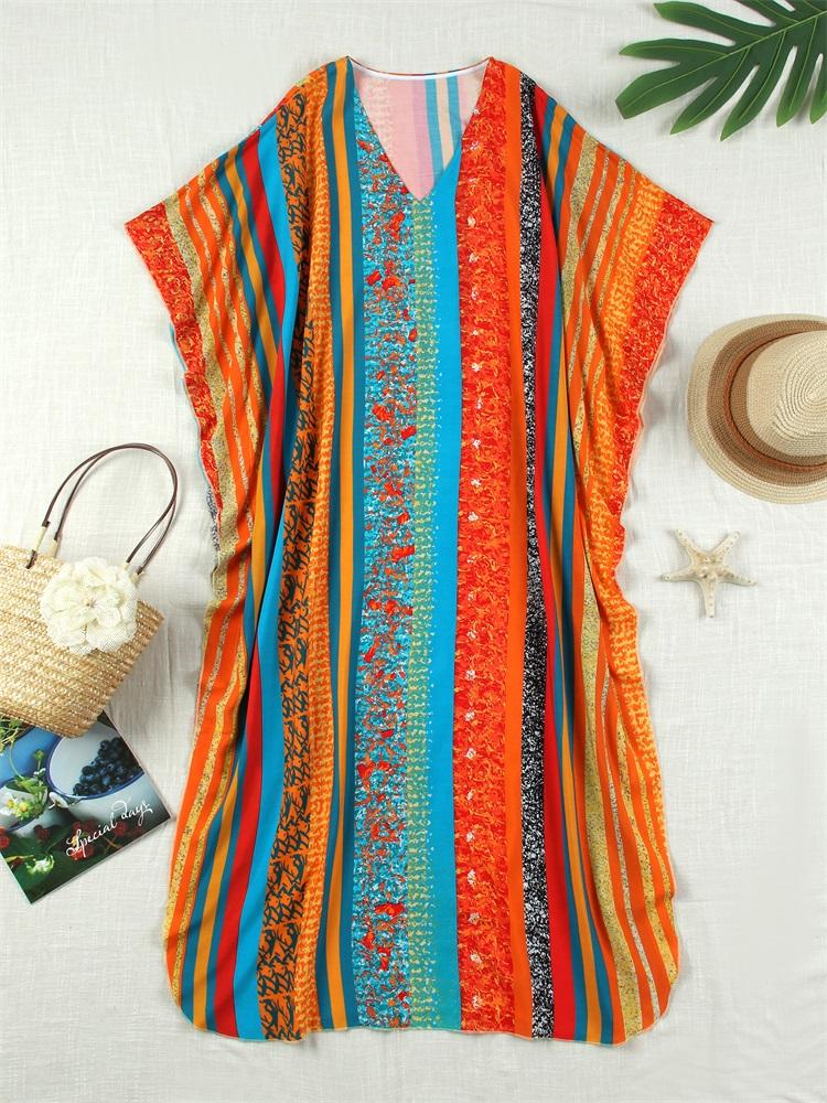 EDOLYNSA 2024 Bohemian Colorful Printed Free Kaftan Mrs Roper Long Dress Summer Vacation Beach Swimsuit Cover Up Cozy Homewear Robe Q1690