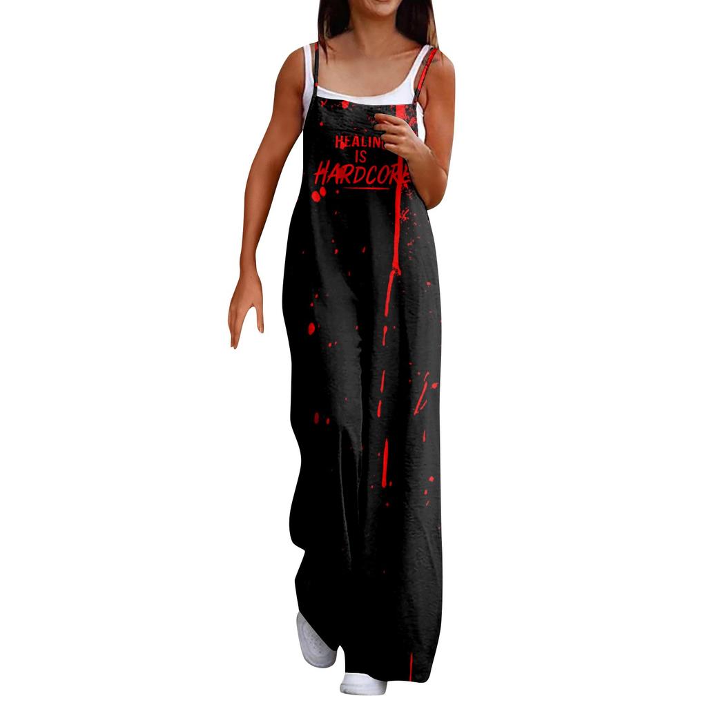 Wide Leg Overalls For Women Casual Loose Sleeveless Print Button Long Pant Romper Jumpsuit With Pockets