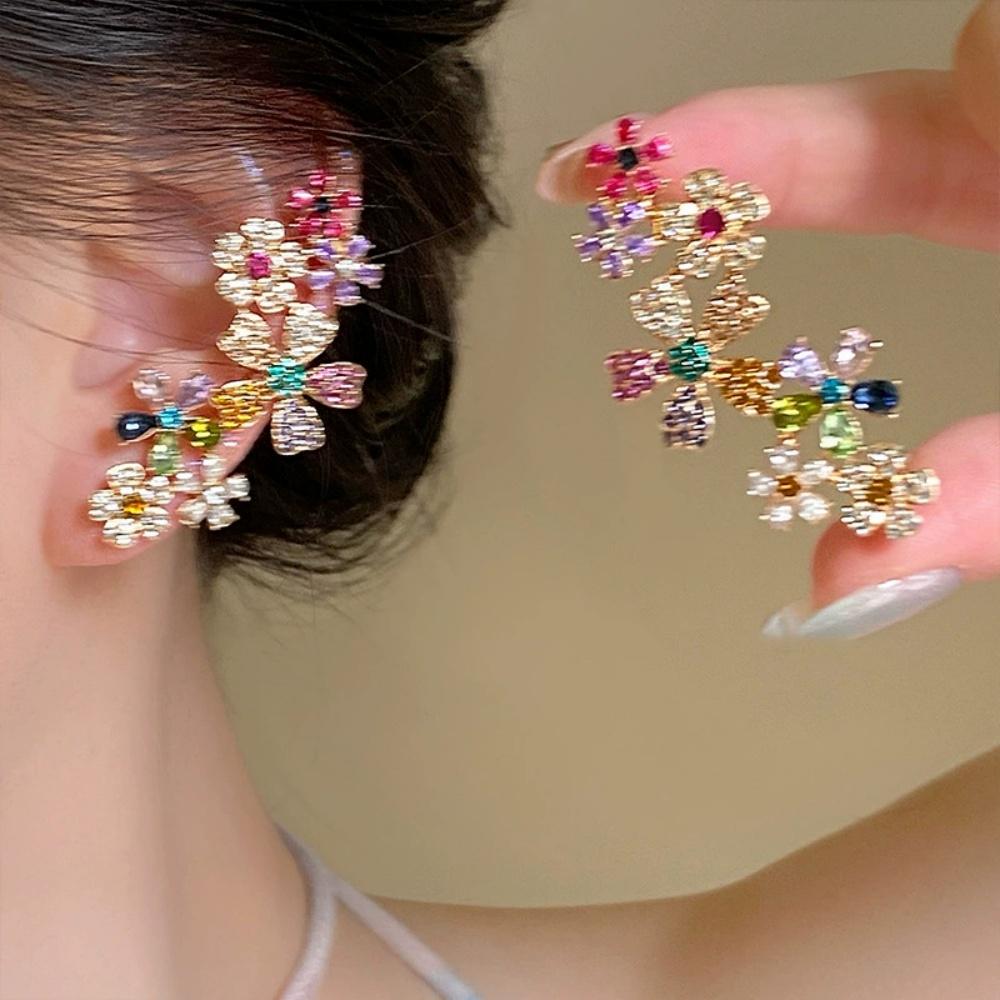 New Geometry Colored Zircon Flower Women's Necklace Earrings Trendy Fashion Sweet Luxury Clavicle Chain Premium Jewelry Gift