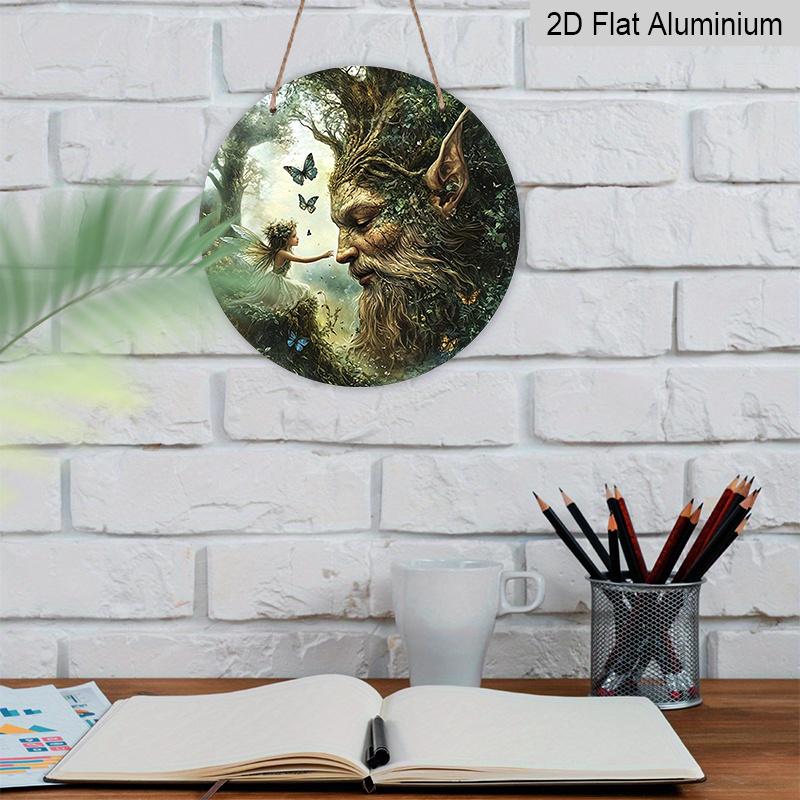 2D Flat, 1pc Vintage Metal Aluminum Sign - Enchanted Fairy & Tree Spirit Fantasy Art Round Wall Decor, Vibrant Colors Indoor/Outdoor Use for Cafe