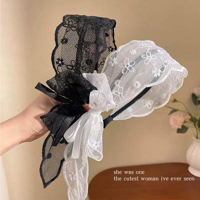 1pc French Lace Bow Wide Edge Headband, Pastoral Summer Ribbon Headdress, Elegant Hair Accessory