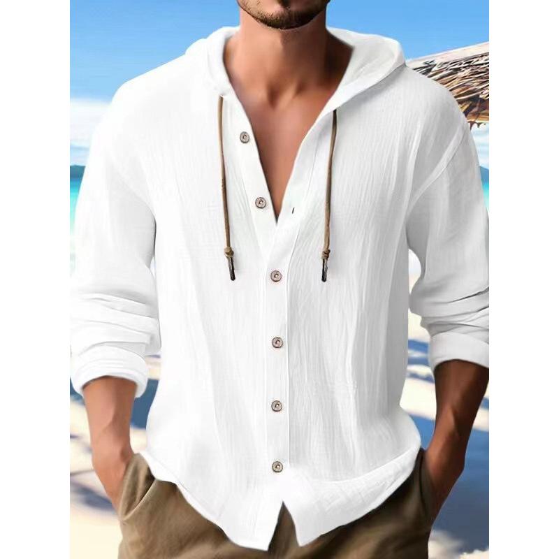 New Fashion Spring-Summer Men Hooded Shirt, Solid Color Cotton-Linen Casual Long-Sleeve Top