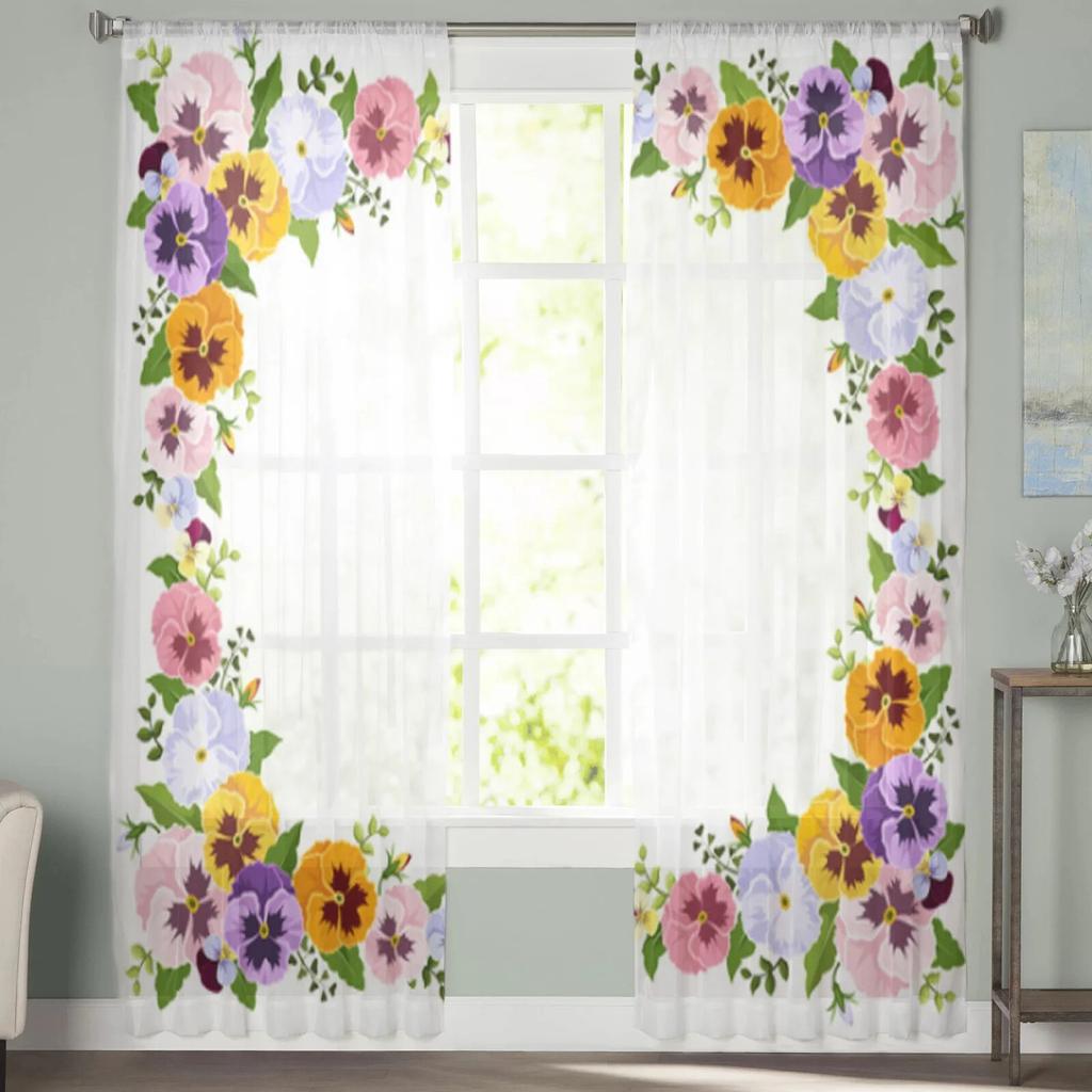 Barevné květy macešky Tyl Průsvitné okenní závěsy do obývacího pokoje do ložnice moderní šifonové voálové závěsy látkové závěsy