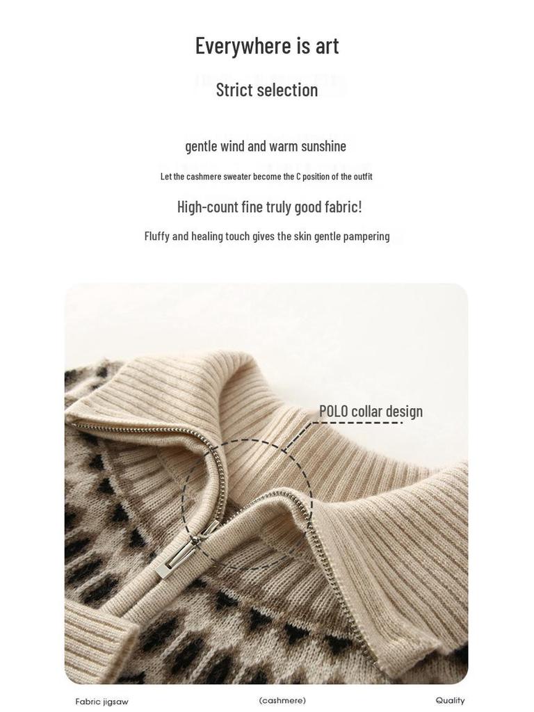 Women's Fair Isle Cashmere Zipper Cardigan - Cozy Autumn/Winter Sweater Coat.