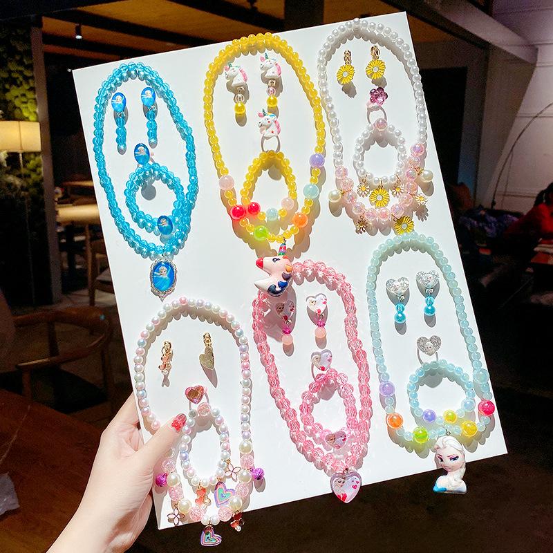 Children's Princess Jewelry Set: Cartoon Pony & Frozen Elsa Necklace, Bracelet, and Ring for Little Girls