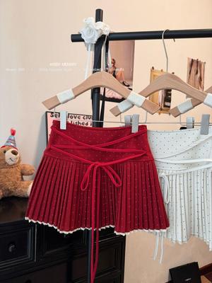 Women's High-Waist Red Polka Dot Bow Tie Lace-Up Skirt Shorts - Winter A-Line Pleated Skirt Style