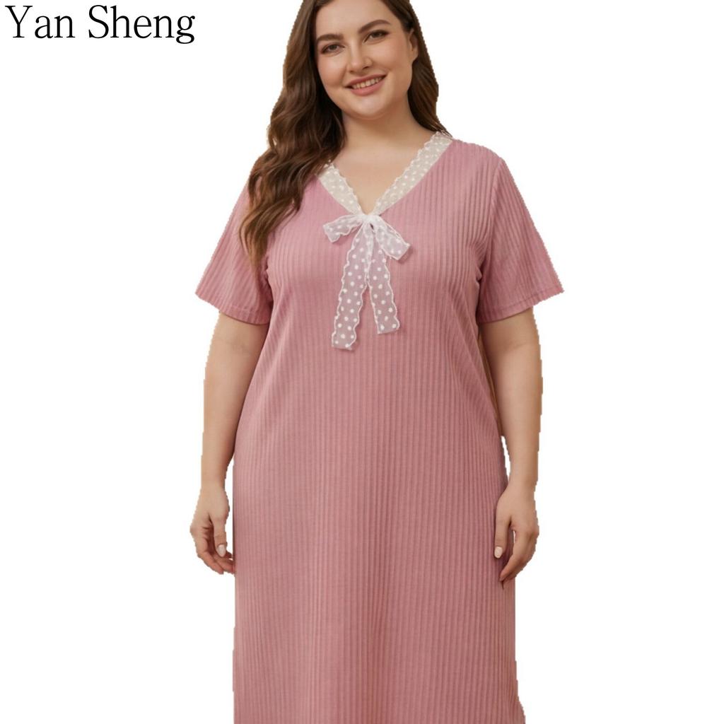 Women Nightgown Plus Size Lace Bow Short Sleeve Long Robe Sexy Home Dress Summer Loungewear for Ladies