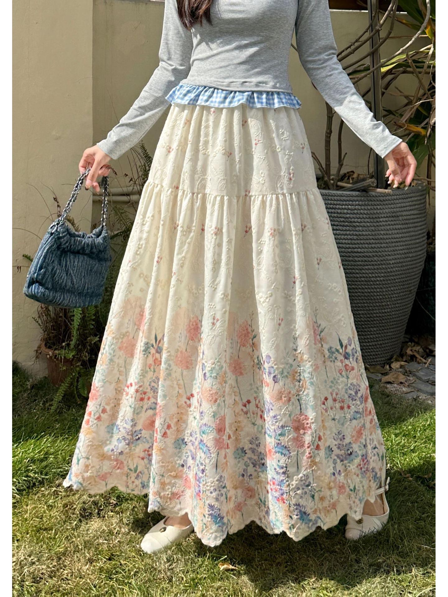 High-Waisted Floral Embroidery A-line Mid-Length Skirt One size абрикосовый