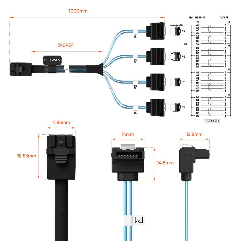 OIKWAN Internal HD Mini SAS to SATA Right Angle Host to 4X SATA Target Cable for RAID Controller Hard Drives 7-Pin Cable, 1.5ft SFF-8643