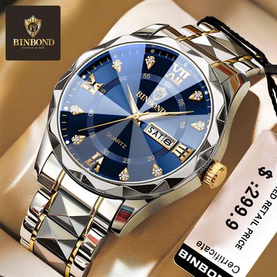 BINBOND Men's Waterproof Luminous Watch with Diamond Glass, Double Calendar, and Trendy Design.