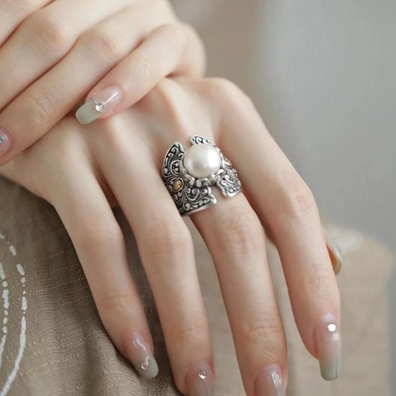 Vintage Copper Color Imitation Pearl Ring For Women Retro Carved Pattern Open Wide Band Ring Bohemian Gothic Statement Jewelry