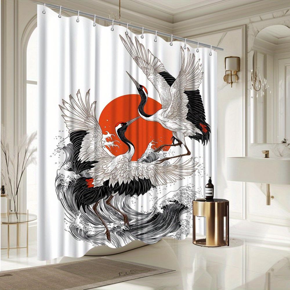 Red-Crowned Crane Shower Curtain – Japanese Art With Rising Sun & Ocean Waves, Black & White Includes Hooks, 70.8×70.8 Inches