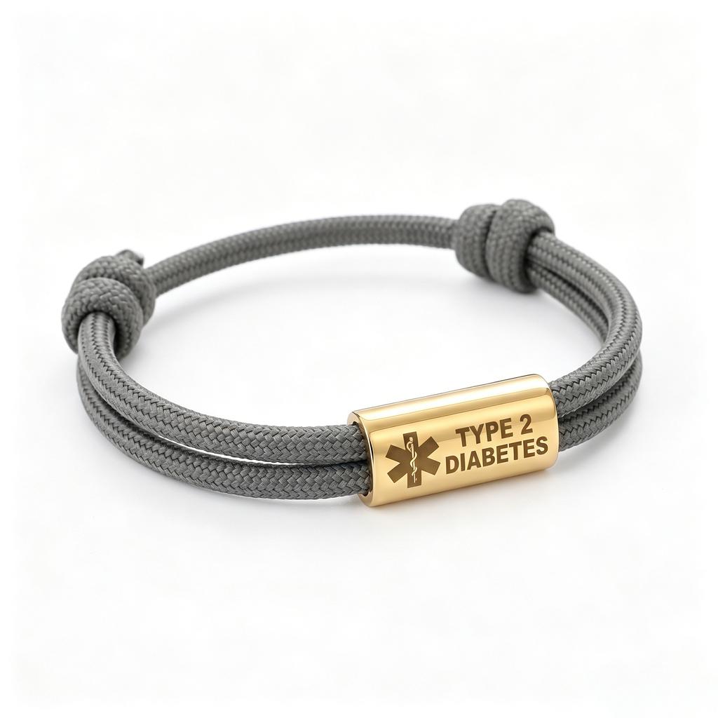 Bracciale Diabete di Tipo 2 Acciaio Inossidabile Barra Incisa Corda di Nylon Intrecciata Doppia per Uomo Donna