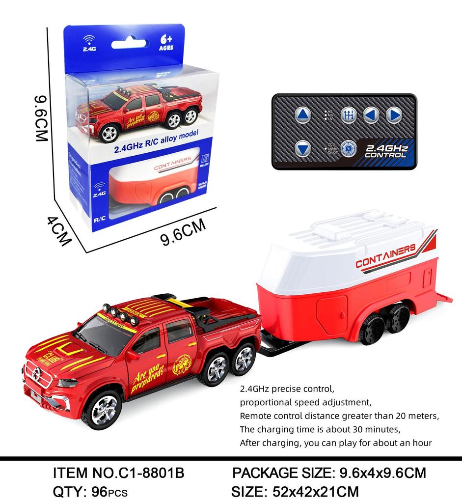Mini Remote Control Car Toy 2.4G, Adjustable Speed, Lights & Trailer, 1:64 Alloy Simulation Model.