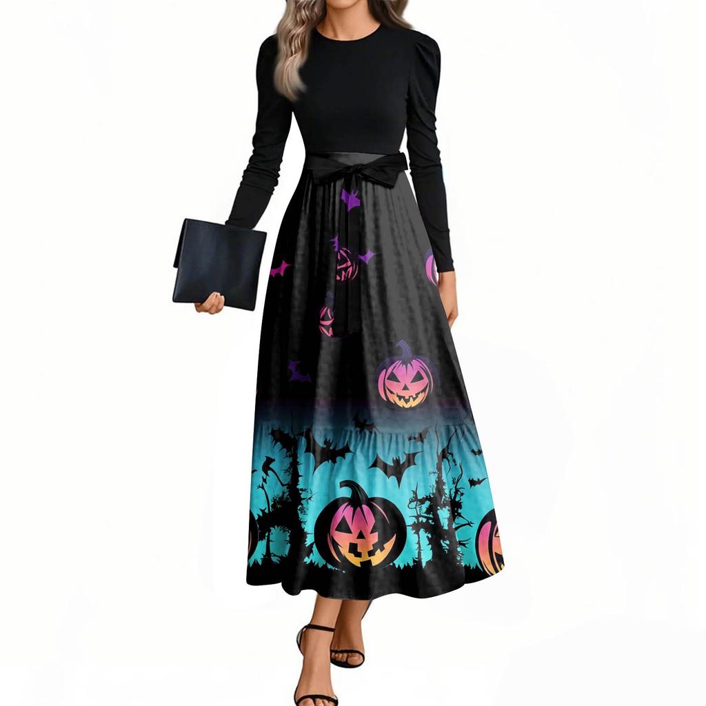 Women's Fashion Casual Belted Long Sleeve Round Neck Halloween Printed Elegant Temperament Dresses