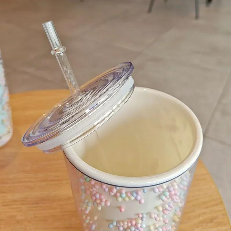 780ml Large Straw Tumbler Cute Kawaii Macaron Bubbles Cups with Straws Double Wall Plastic Water Bottle Drinkware for Girl Women