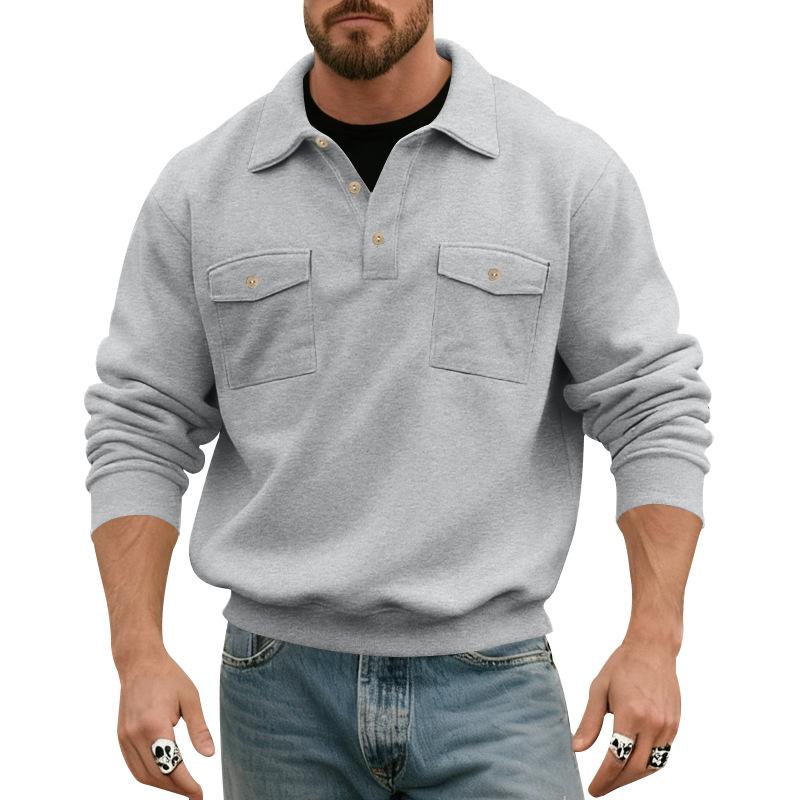 Mens Long Sleeve Polo Collar Casual Workwear Sweatshirt With Pockets