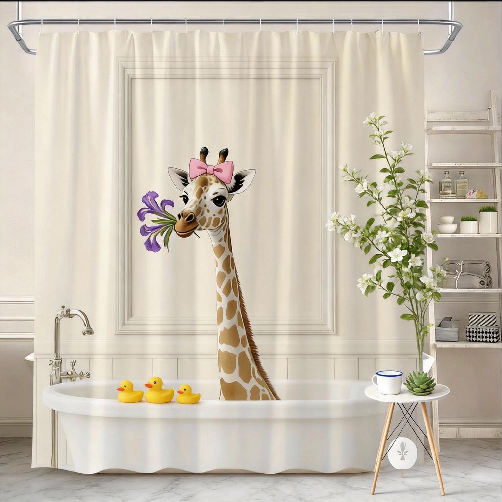 Giraffe Duschvorhang 180x180cm – Über die Wanne lugend, Waschmaschinenfest, 12 Haken Badezimmer dekorativer Duschvorhang