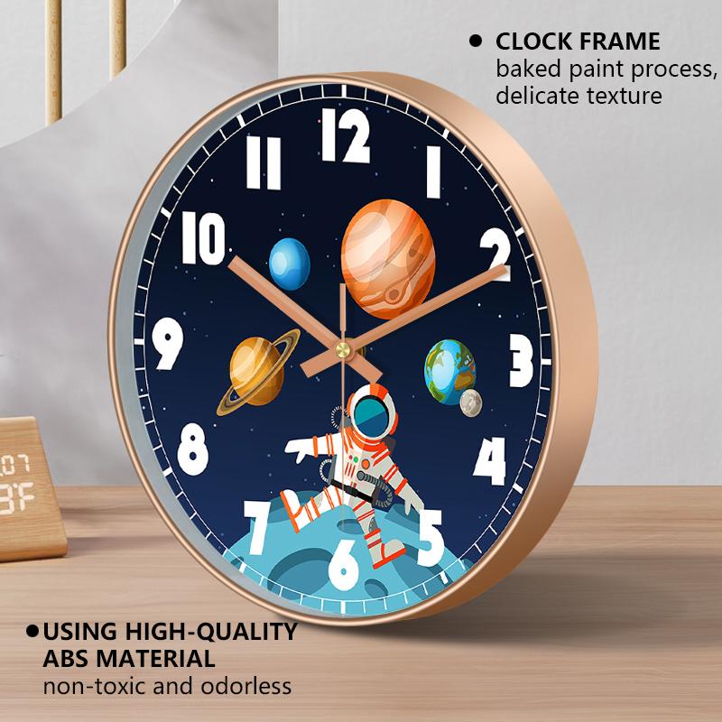 Silent Non-Ticking Wall Clock Astronaut Planets Design Rose Golden/Black Frame Clock for Boys Bedroom Nursery Classroom Decor