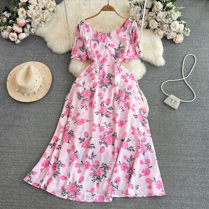 

Lady Square Collar A- line Dress Elegance Large Swing Short Sleeve