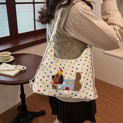 Korean Style Puppy Embroidery Shoulder Bag Y2k Cartoon Handbag Casual Polka Dot Tote Bag  Travel