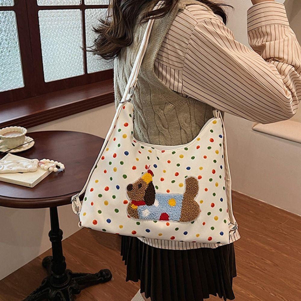Korean Style Puppy Embroidery Shoulder Bag Y2k Cartoon Handbag Sweet Polka Dot Tote Bag Girls