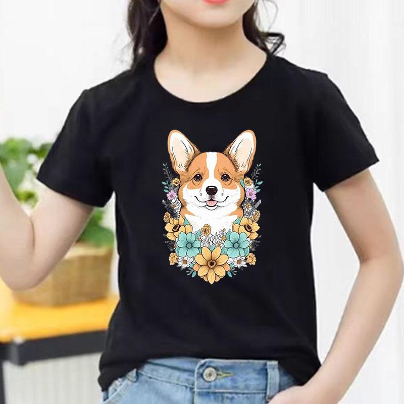 Welsh Corgi Surrounded Colorful Blooms Graphic Tee Kids 100 Cotton Crew Neck T Shirt Cute Puppy Print Short Sleeve Stylish Top