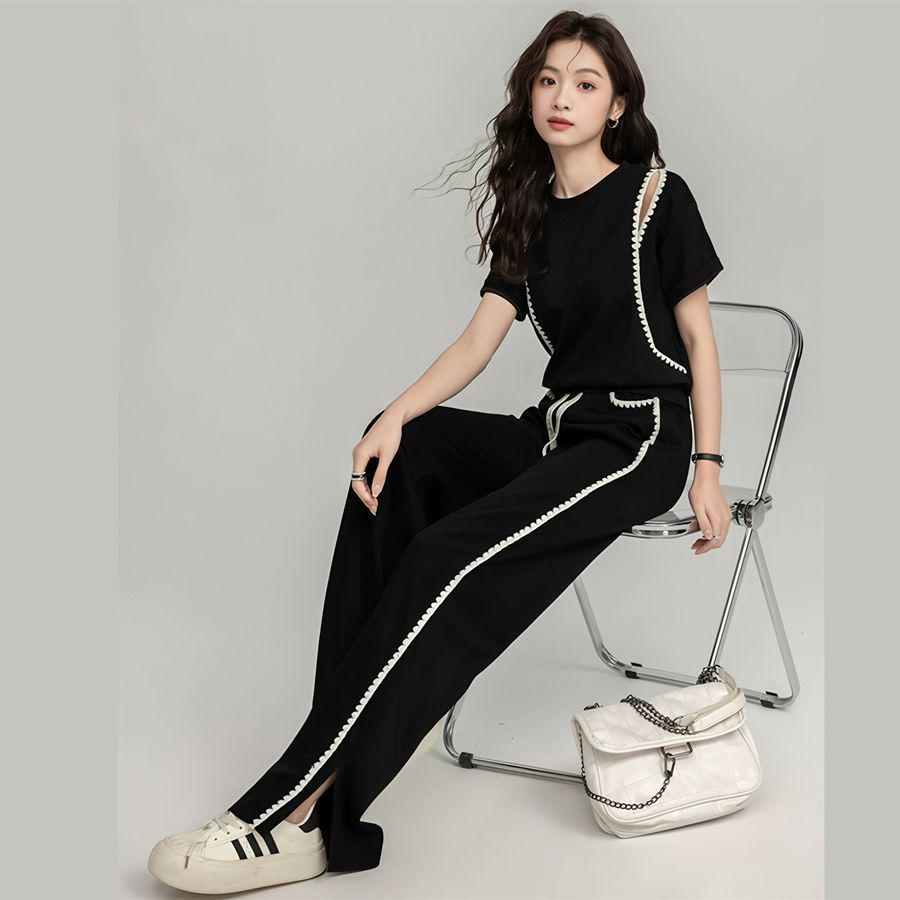 

Chic Black Off-Shoulder Set: Super Slimming Wide-Leg Pants for Spring/Summer Fashion S 80-95 lbs чёрный