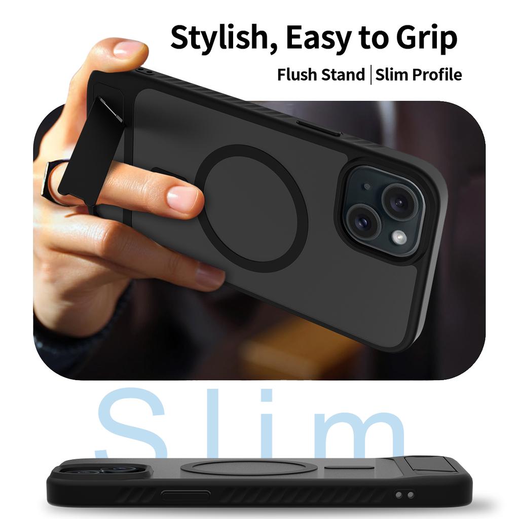 Matte Black Case with Stand Holder For For Iphone 16E 16 E 1 Pro Max 14 Plus 13 12 Mag Safe 16Pro Phone Cover Accessories