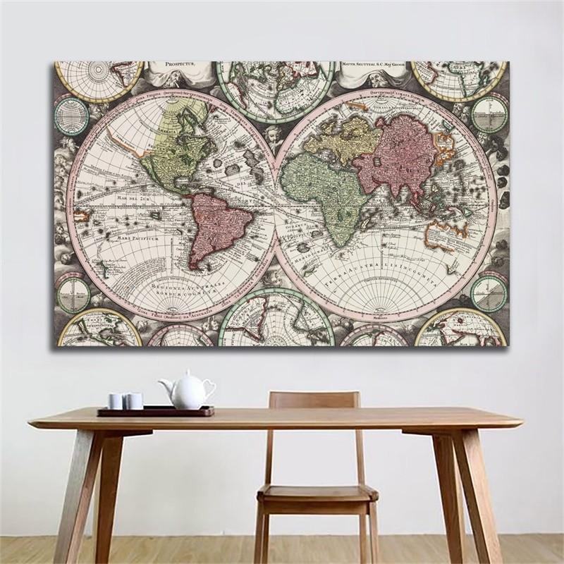Vintage World Map Double Hemisphere Antique Canvas Wall Art Poster Prints for Living Room Decor Office Study Hanging Aesthetic Map
