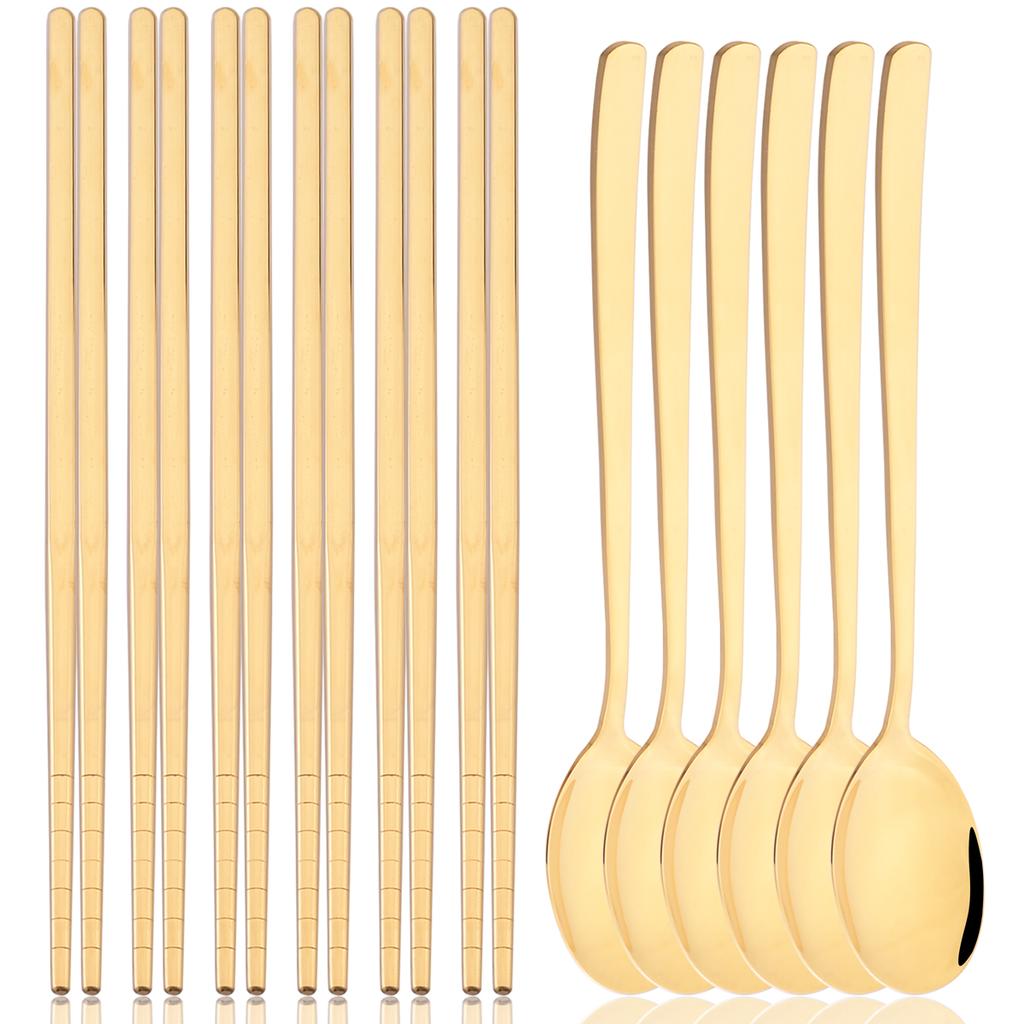 12pcs Colorful Dinnerware Set Korean Style Spoon Non-slip Chopsticks Cutlery Mirror Stainless Steel Flatware Kitchen Tableware