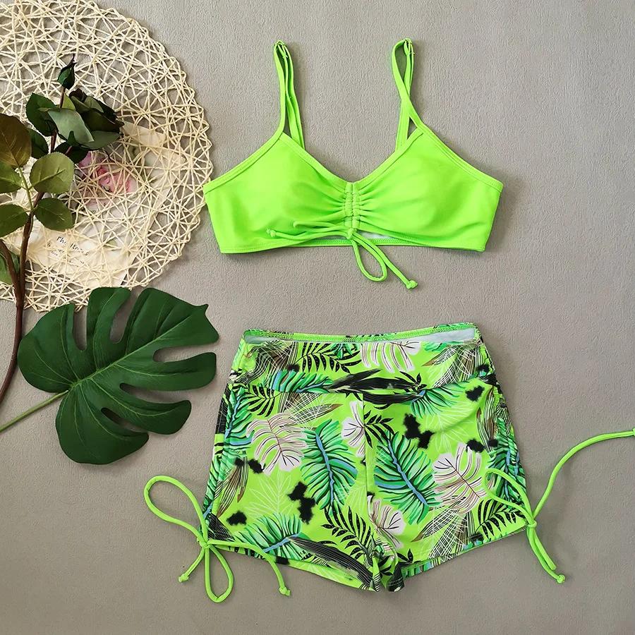 Women's Bikini Set Fluorescent Green High Waist Floral Print 2 Piece Swimsuit Drawstring Pleated V-neck Bathing Suit 2025 New