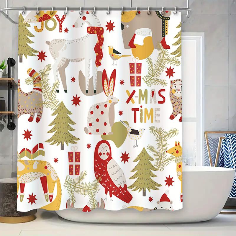 

Modern Christmas Shower Curtain Festive Red Green Decorative Print for Bathroom 90x180cm