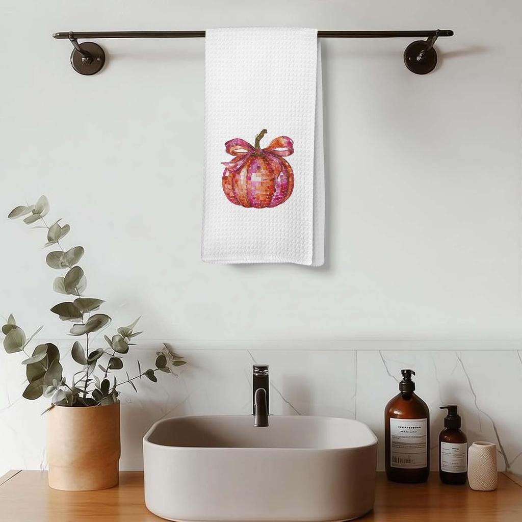 Disco Pumpkin Fall Kitchen Towels, Orange Coquette Bow Pumpkin Dish Towel for Kitchen, Trendy Fall Decor, Thanksgiving Autumn Trendy Halloween Hand