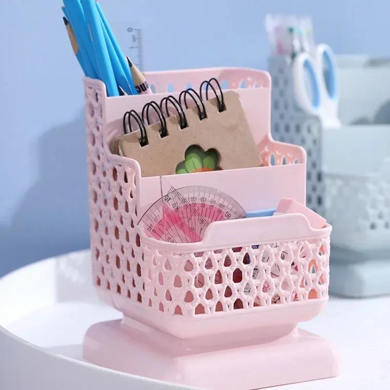 3-grid Pen Holder Plastic Hollow Storage Box for Student Desktop School Stationery Storage Multifu Phone Holder Storages Bucket