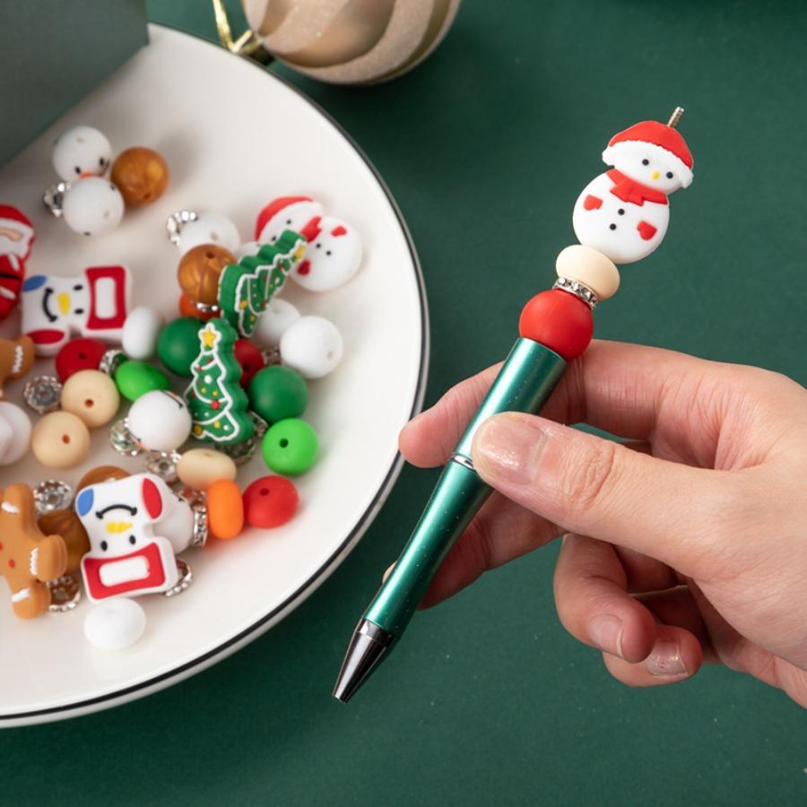 12PCS Red Green Christmas Bead Ballpoint Pen, Santa Claus Snowman Pine Tree Rotating Black Pen,Student Writing Stationery Office Signature Pen Supplie