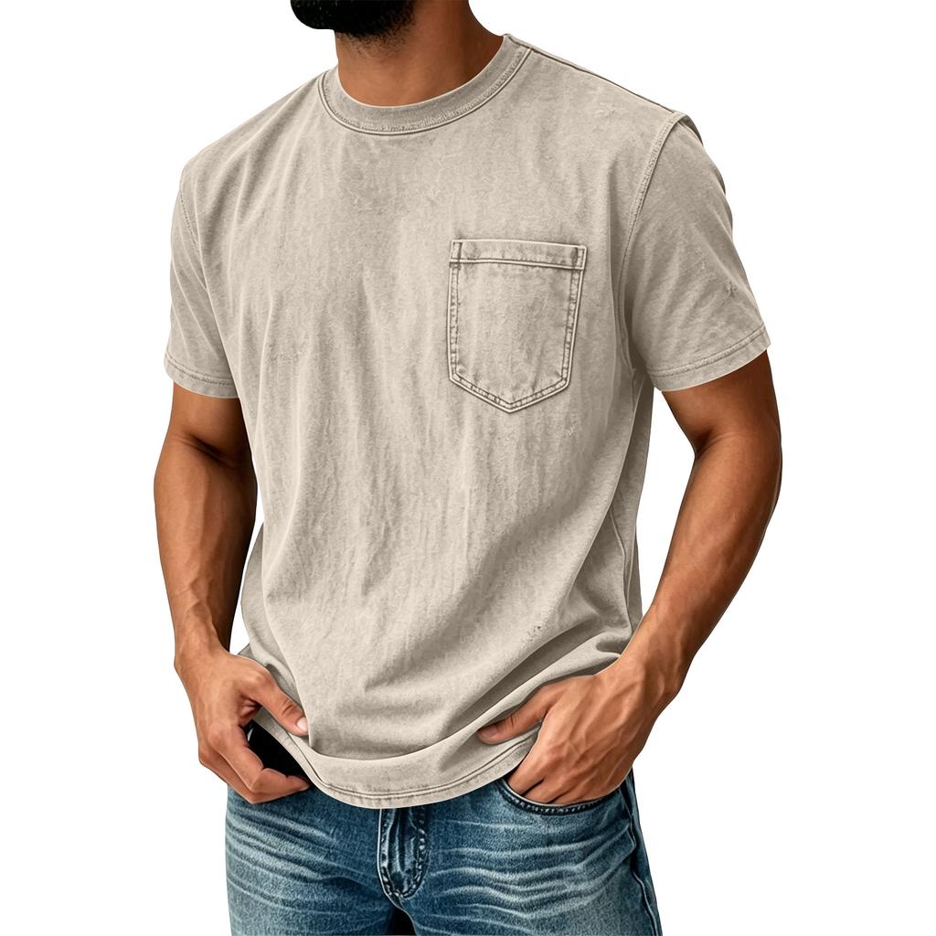 Men Vintage Washed Short Sleeve T Shirt Crew Neck with Chest Pocket Casual Loose Fit Soft Fabric Classic Style